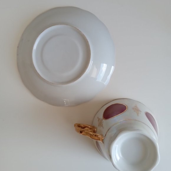 Lusterware Iridescent Pearl Glaze Footed Teacup & Saucer With Large Polka Dots - Picture 8 of 8